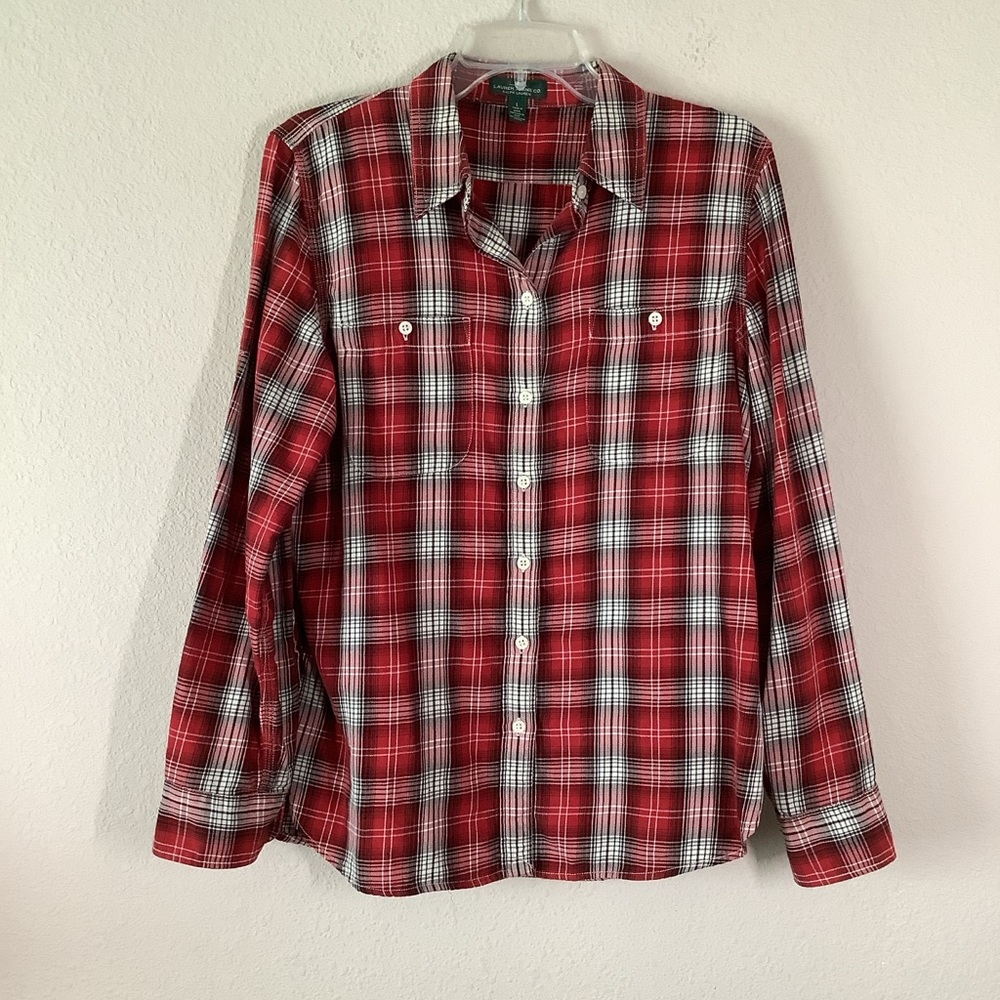 LAUREN RL Cotton Button Up Shirt L Plaid Lightweight Preppy Equestrian Spring - Picture 2 of 12